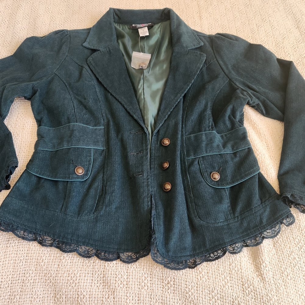 The Pyramid Collection Teal Corduroy Blazer with Lace Trim